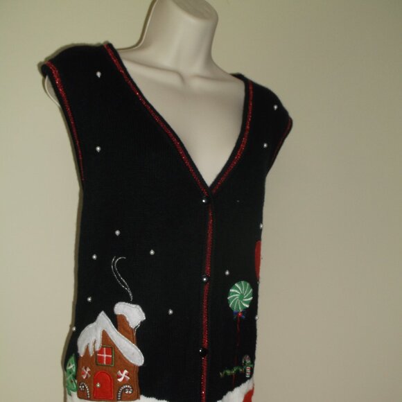 Gingerbread House embroidered Christmas / Winter Sweater Vest - Women's Size XL - Picture 2 of 11